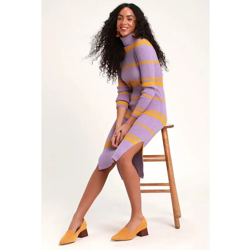 Moon River Turtleneck Midi Dress L Purple Yellow Striped Ribbed Retro Mod